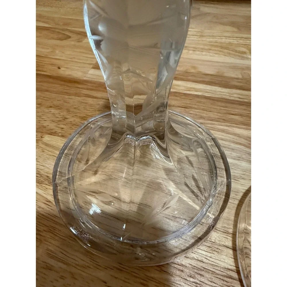 Vintage Etched Crystal Glass Candlestick Holders Pair Floral Wheat Pattern 7in